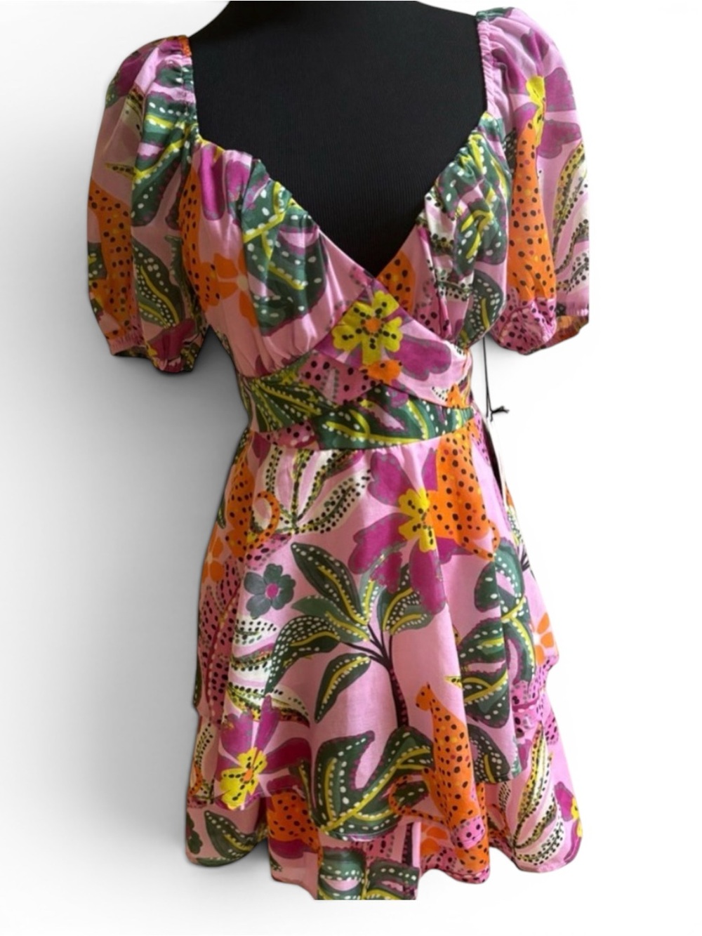 Crystal Sky Juniors’ Puff-Sleeve Tie-Back Jungle Print Dress Large NWT’s